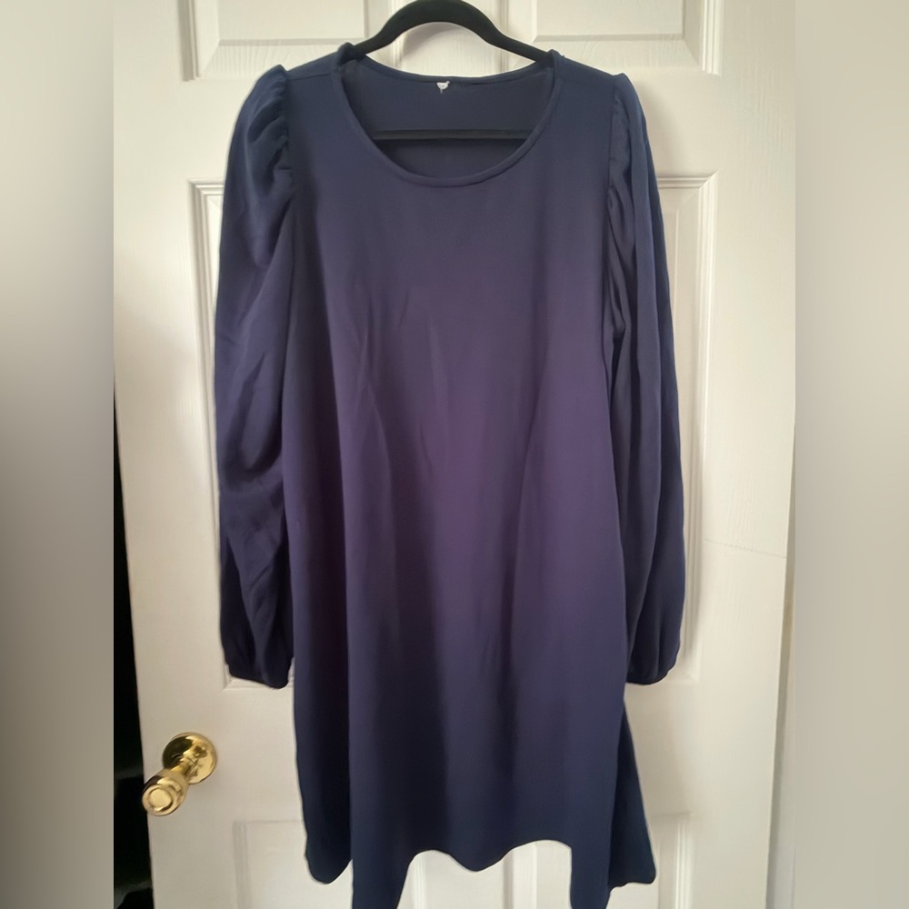 belk Navy Long Sleeve Puff-Shoulder Shift Dress
